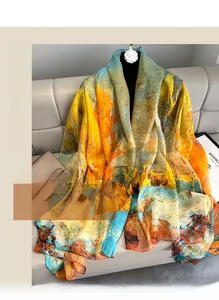 Detailed macro view of smooth fabric texture on abstract oil painting style beach shawl