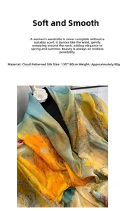 Detail of oil painting style cloud yarn sunscreen scarf with floral brooch accessory