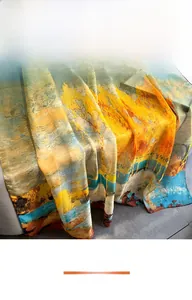 Detail of oil painting style silk scarf with vibrant plant dyed artistic landscape pattern