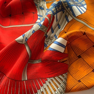 Detail of silk square scarf featuring equestrian belt patterns and glossy fabric folds
