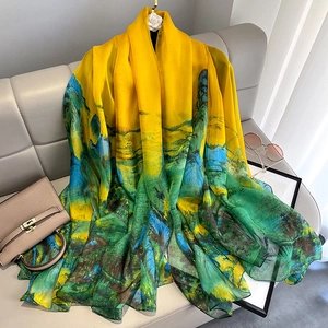 Abstract oil painting style summer sun protection silk scarf on a stylish sofa