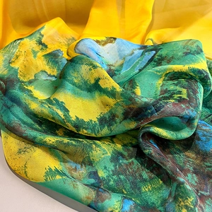 Detailed close-up of impressionist landscape oil painting print on premium silk scarf