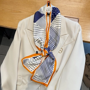 Elegante Sciarpa Sottile Raso Sintetica Stampa Geometrica Pois Stile Francese Fascia Capelli Foulard Donna Moda Streamer