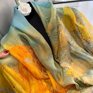 Detailed macro shot of an oil painting style silk scarf with vibrant abstract yellow and blue prints