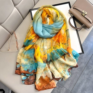 Artistic oil painting style oversized silk scarf displayed on a minimalist background