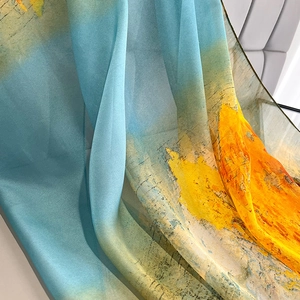 Detailed close-up showing the artistic oil painting pattern and semi-transparent silk fabric