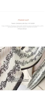 Detail of pleated faux silk scarf in cream with black floral print, size 10x130cm