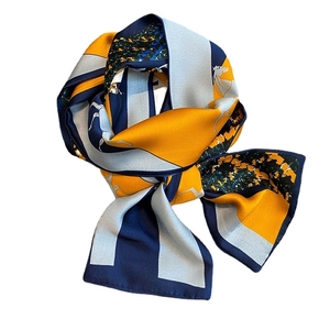Vintage horse print long silk scarf with orange and navy geometric patterns