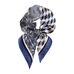Elegant navy and white geometric silk-feel square scarf with modern diamond pattern