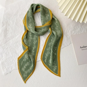 Women Pleated Skinny Scarf Floral Print Satin Hair Band Bag Handle Wrap Decorative Neck Scarf Vintage Elegant Fashion Accessory