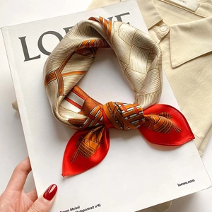 Elegant 53cm silk square scarf with geometric woven pattern in red and orange tones