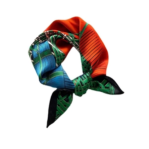 Elegant 53cm silk square scarf featuring geometric horse patterns in orange and green
