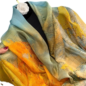 Artistic oil painting style silk shawl with 3D white flower accessory for summer sun protection