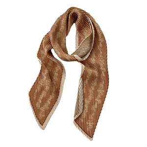 Brown pleated floral silk scarf for women featuring delicate white flower patterns