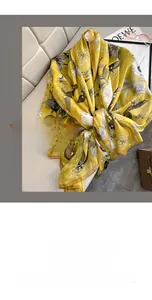 Floral moire yarn beach shawl in bright yellow, size 130x180cm with nature print