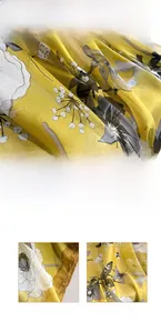 Detailed close-up of vibrant yellow floral silk scarf fabric with digital printing
