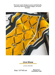 Detail view of equestrian chain print scarf, 13x145cm faux silk with inner seam