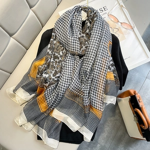 Large houndstooth and paisley silk-feel scarf shawl with yellow accents for women