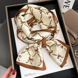 Retro equestrian silk scarf with horse and chain patterns in cream and brown