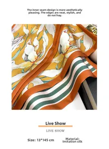 Détail de l'imprimé lys sur écharpe en soie orange montrant la couture et la texture