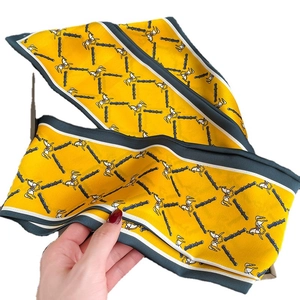 Vintage horse print yellow skinny silk scarf with equestrian patterns and contrast border