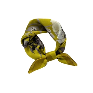 Floral silk square scarf in olive green with large white flower prints for women