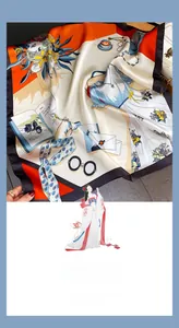 Vue détaillée du carré en soie de mûrier avec imprimé d'illustration de mode coloré