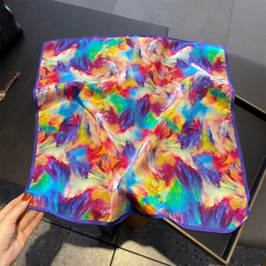 53cm square silk scarf with vibrant abstract oil painting print and purple rolled edge