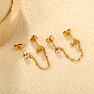 Gold plated stainless steel double piercing earrings with heart and cubic zirconia accents