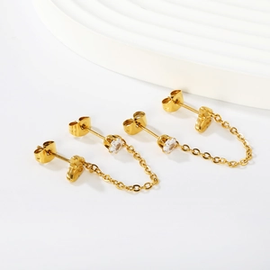 Gold plated stainless steel butterfly cross chain earrings with clear zircon stones