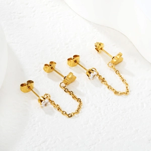 Golden butterfly chain earrings with cubic zirconia for double lobe piercings, 4 pieces set