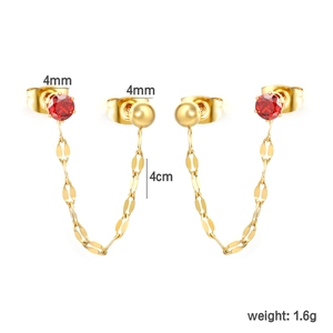 Golden butterfly aesthetic chain earrings with red ruby stud for double piercings