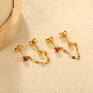 Minimalist gold plated stainless steel chain earrings with red zircon and butterfly back