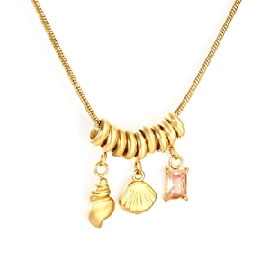 Gold snake chain necklace with shell pendants and champagne crystal for beach vacation