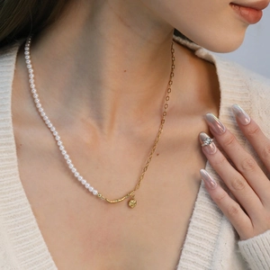 Stainless Steel Necklace With Artificial Pearl And Rose Flower Pendant Branch Design Asymmetrical Gold Tone Floral Jewelry For Women