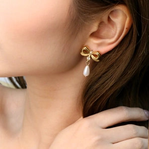 Boucles D'oreilles Nœud Künstliche Perle Goutte En Acier Inoxydable Doré Avec Strass Bijoux Élégants Pour Femmes Cadeau Mode