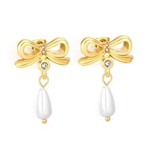 Boucles d'oreilles nœud plaquées or 18 carats avec perles gouttes et zircons brillants