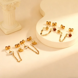 Chain Link Stud Earrings Stainless Steel Gold Plated Cubic Zirconia Butterfly Heart Cross Dangle Fashion Jewelry Women