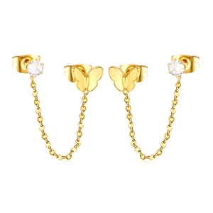Gold plated butterfly stud earring set with zircon and cross chain for double piercing