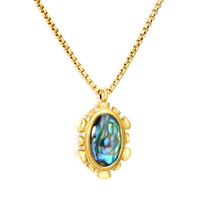 Collier en acier inoxydable plaqué or 18 carats avec pendentif ovale en nacre bleue