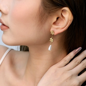 Flower Drop Earrings Stainless Steel Gold Plated Faux Artificial Pearl Water Drop Dangle Elegant Fashion Jewelry For Women