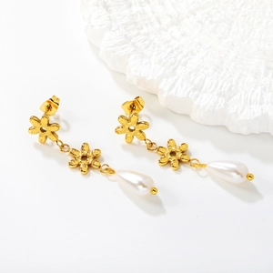 Gold stainless steel flower drop earrings with white teardrop pearls for women
