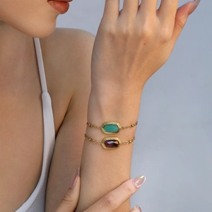 Octagon Natural Stone Bracelet Stainless Steel Gold Plated Geometric Bead Chain Adjustable Vintage Jewelry For Women