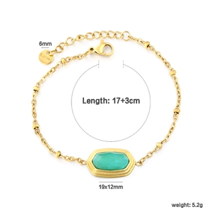 Detail showing 17+3cm length and 19x12mm green stone on gold stainless steel bracelet