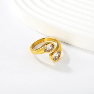18k gold irregular geometric open ring with dual teardrop-shaped white zircon stones