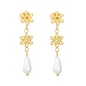 Gold floral drop earrings with hammered finish petals and white teardrop pearls
