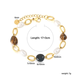 Bracelet perles œil de tigre et nacre avec maillons ovales en acier inoxydable et fermoir