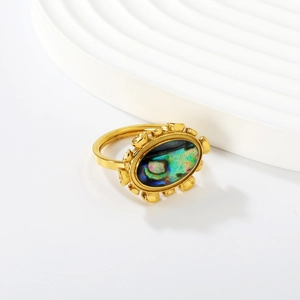 18k gold irregular geometric ring with iridescent oval abalone shell inlay
