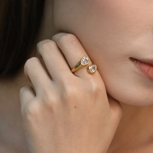 Adjustable Open Ring Double Water Drop Zirconia 18K Gold Plated Stainless Steel Irregular Geometric For Women