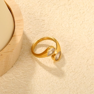 18k gold irregular geometric open ring for women with two pear-shaped zircon stones